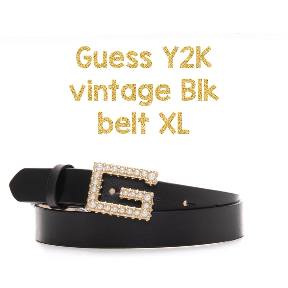 ♣️ GUESS Vintage Y2K Black XL belt w a Rhinestone Goldtone G buckle Like New